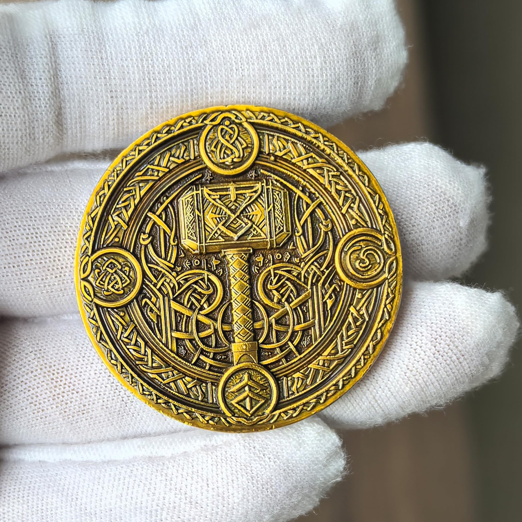 Viking Warrior and Mjölnir Challenge Coin - Intricate Norse Mythology Design with Runic Inscriptions