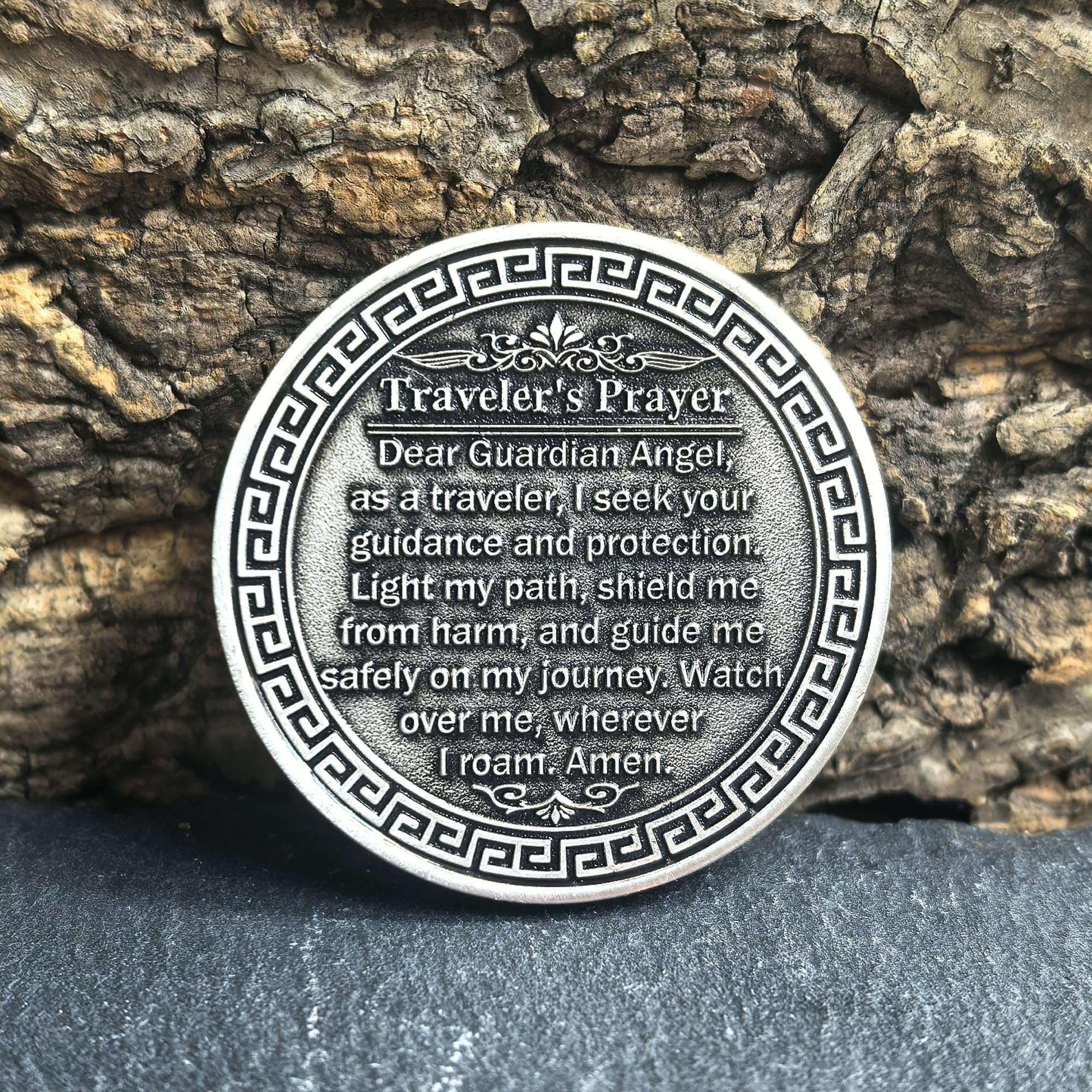 Guardian Angel Traveler's Prayer Challenge Coin with Protective Case - Ideal for Safe Journey and Protection (Silver)