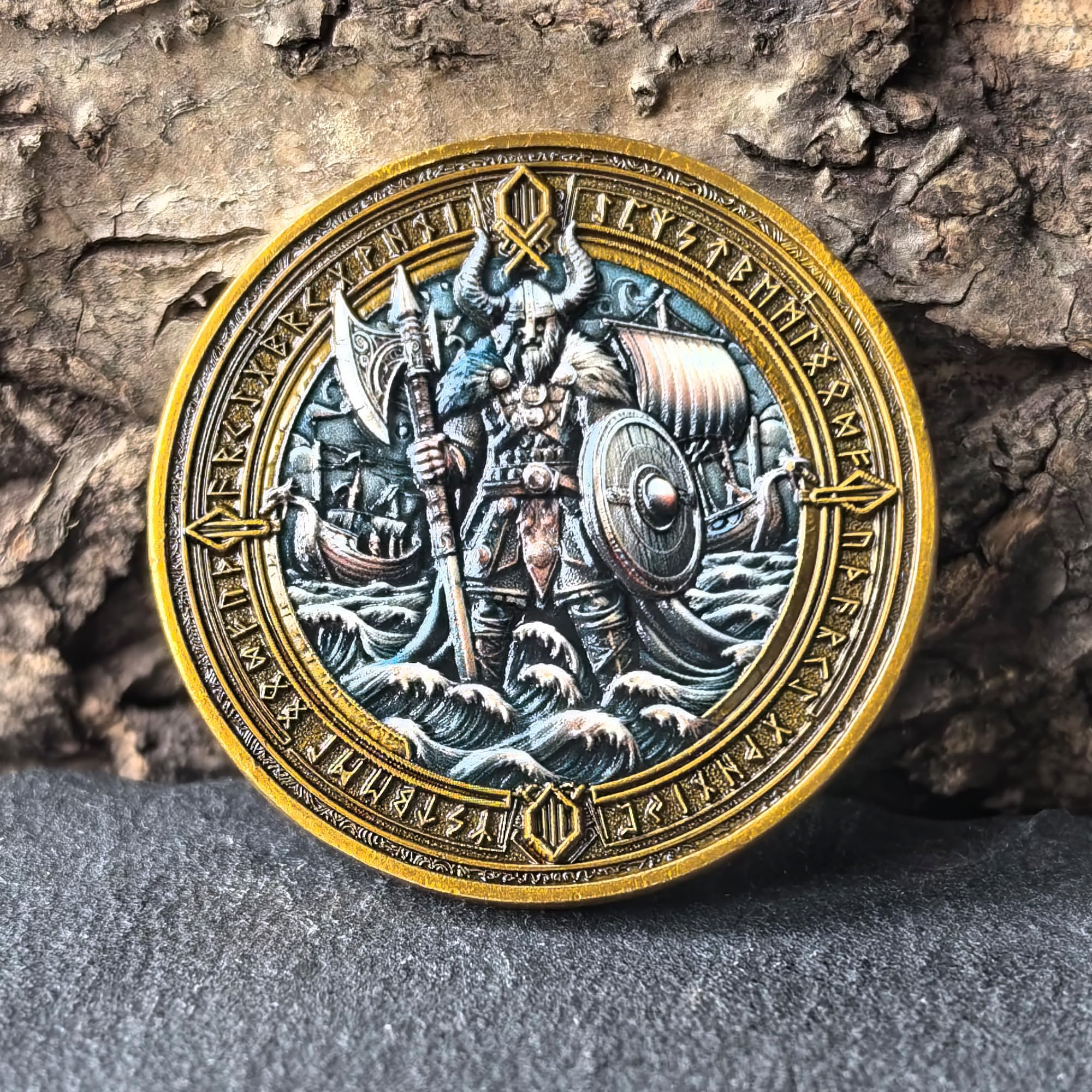 Viking Warrior and Mjölnir Challenge Coin - Intricate Norse Mythology Design with Runic Inscriptions