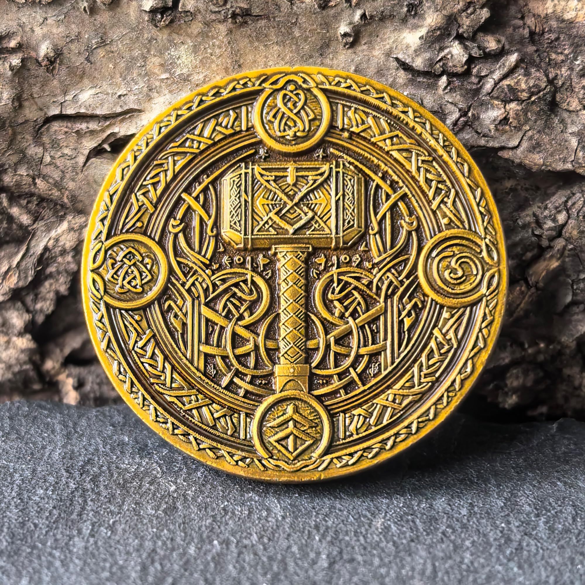 Viking Warrior and Mjölnir Challenge Coin - Intricate Norse Mythology Design with Runic Inscriptions
