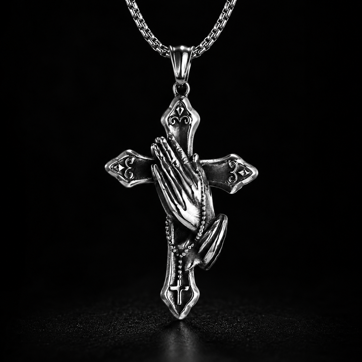 Punk-style "Hand of God" cross necklace + silver and pearl chain