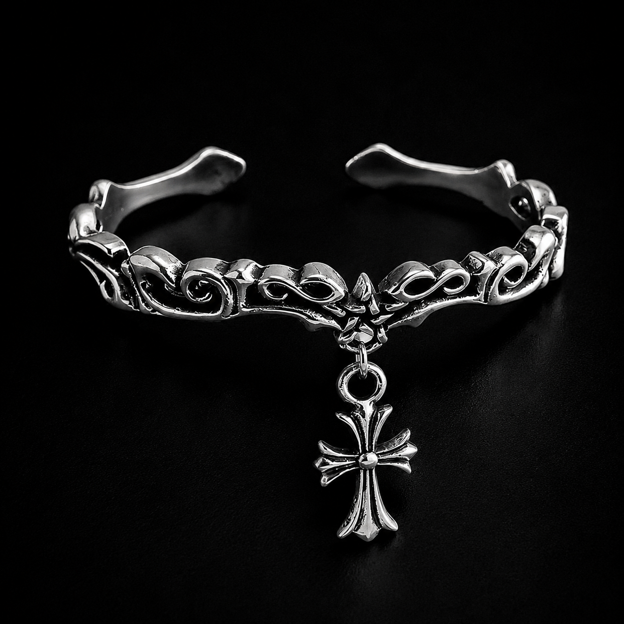 Gothic Vintage Silver Vine Cross Bracelet
