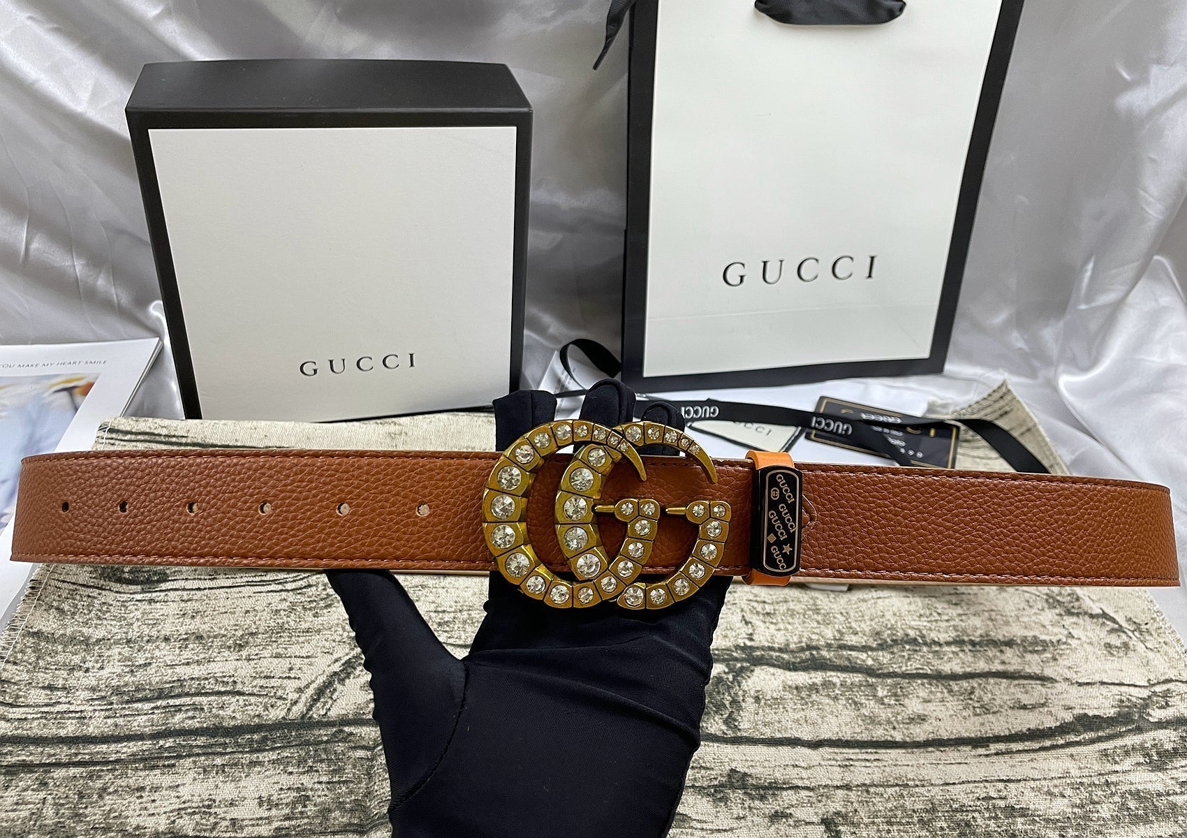 4 Colors rhinestone double-sided lychee pattern belt