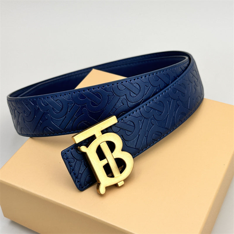 Blue classic plain blue embossed leather belt