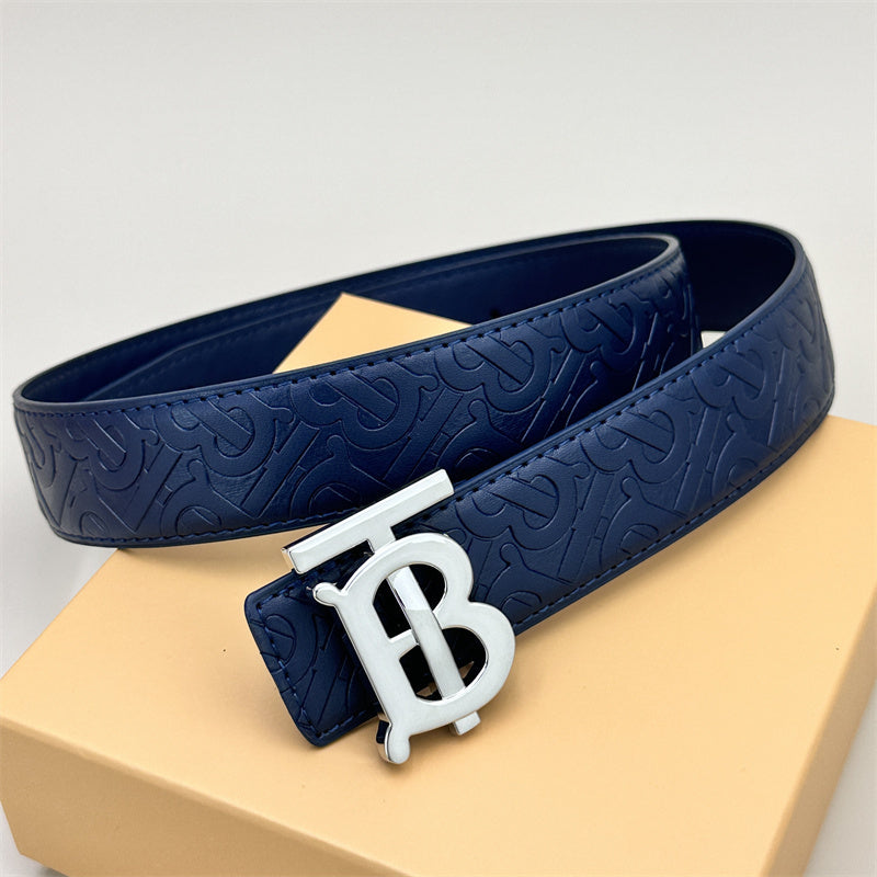 Blue classic plain blue embossed leather belt