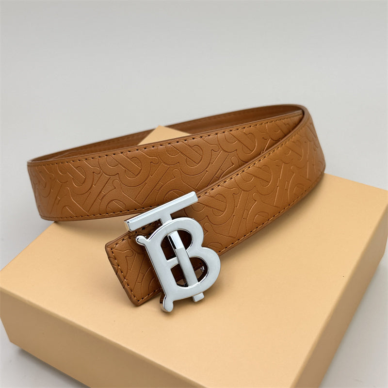 Brown classic plain yellow embossed leather belt