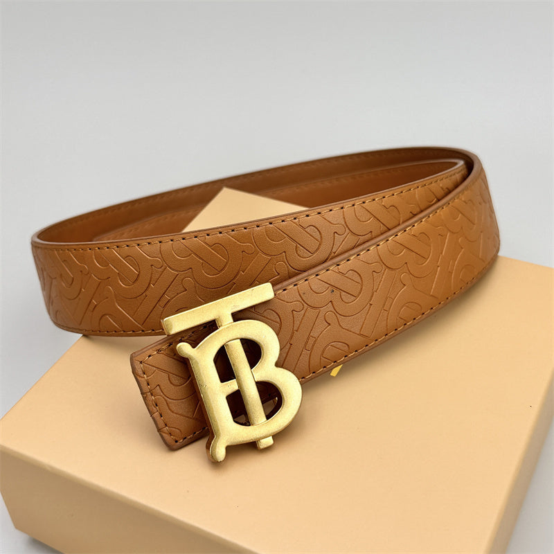 Brown classic plain yellow embossed leather belt