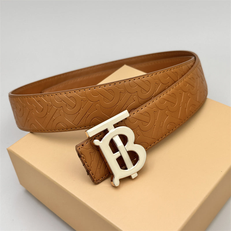 Brown classic plain yellow embossed leather belt