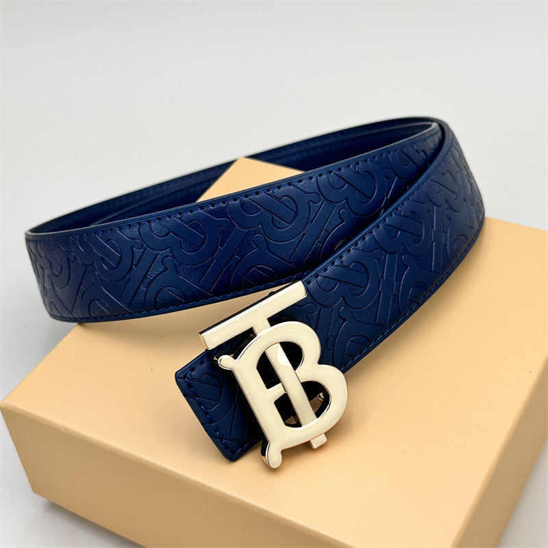 Blue classic plain blue embossed leather belt