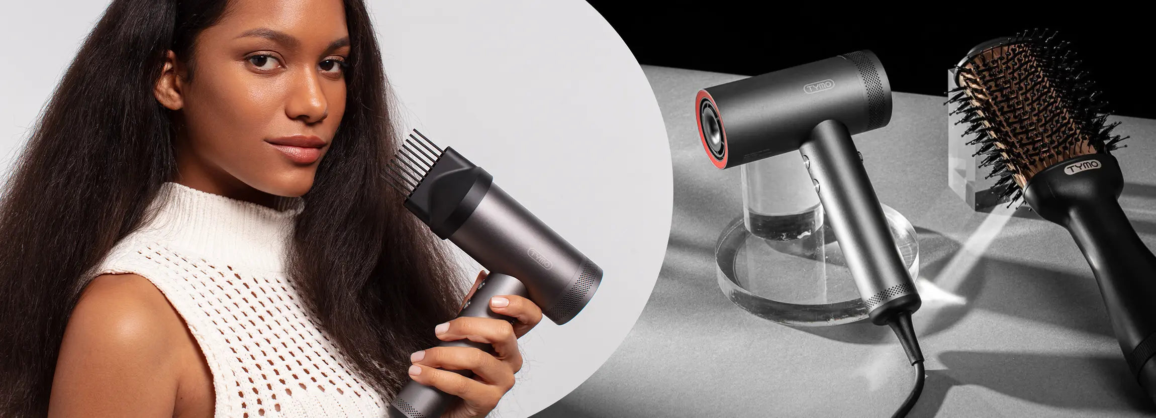 Woman using TYMO AIRHYPE Hair Dryer on her long dark hair.