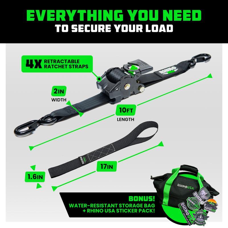 Rhino USA 2" x 10' Retractable Ratchet Straps 2- or 4-Pack - (3,033lb Break Strength) - Heavy Duty Self Retracting Tie Down Straps for Truck, Cargo Trailer