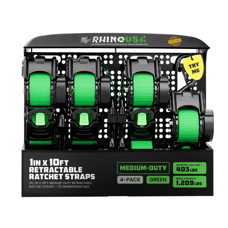 Rhino USA 1" x 10' Retractable Ratchet Straps (select 2 pack or 4 pack) - Medium Duty Self Retracting Tie Down Straps for Truck, Cargo Trailer