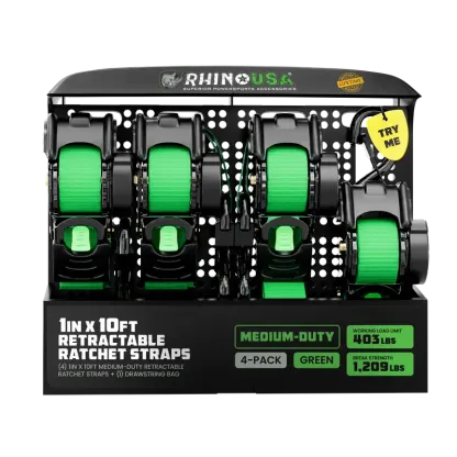 Rhino USA 1" x 10' Retractable Ratchet Straps (select 2 pack or 4 pack) - Medium Duty Self Retracting Tie Down Straps for Truck, Cargo Trailer