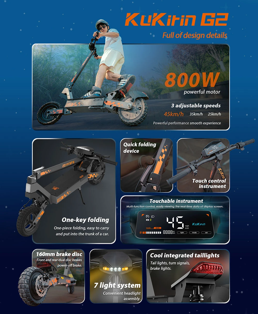 Kukirin G2 Foldable Electric Scooter 2025 Upgrade 800W Motor 48V 15.6Ah Battery 10-inch Tire 45km/h Max Speed 55km Range Touchscreen Display Disc Brake 7 Light System - Black