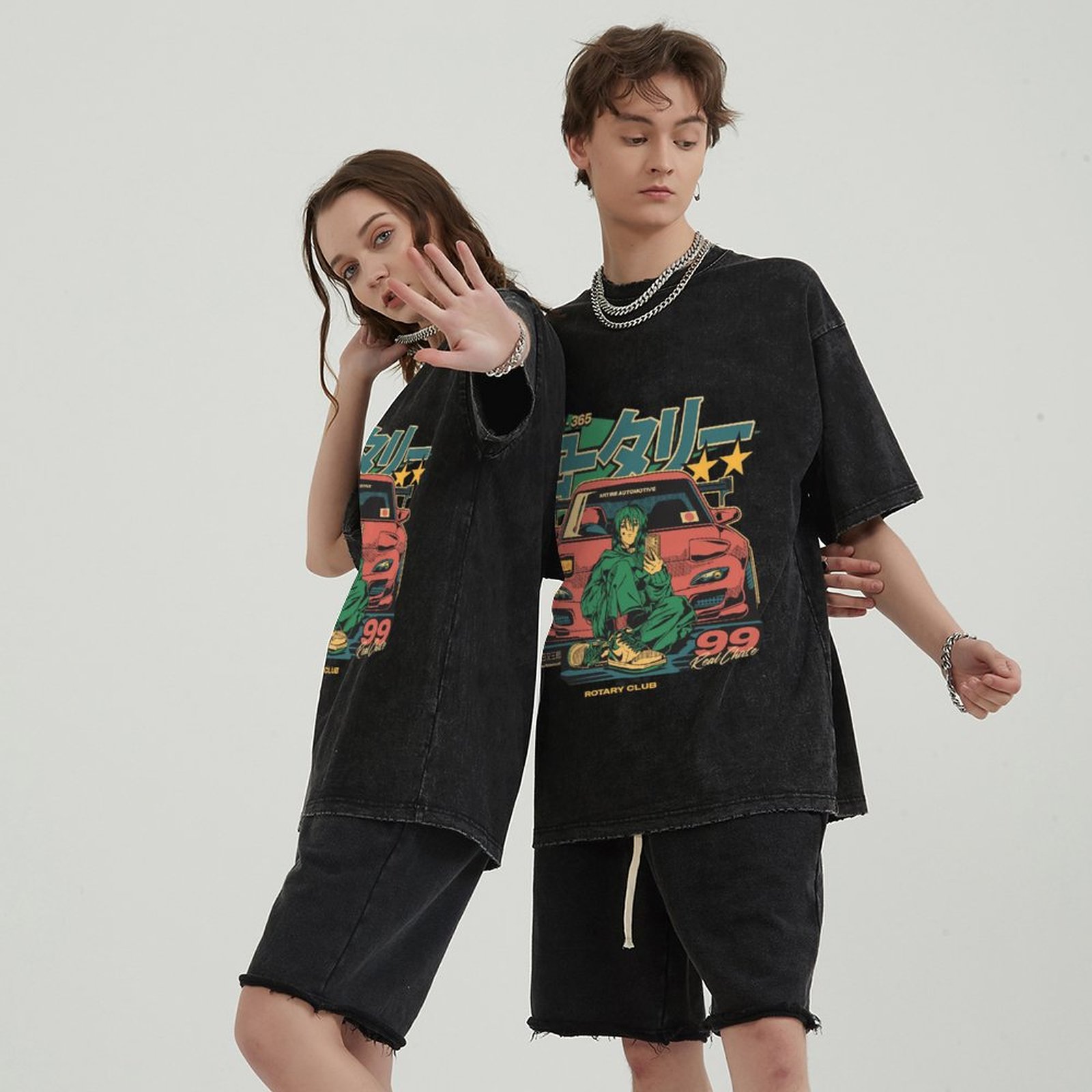 Casual T-shirt Anime Printed Denim Washed T-shirt