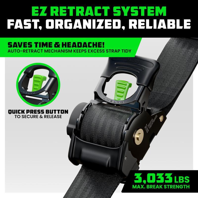 Rhino USA 2" x 10' Retractable Ratchet Straps 2- or 4-Pack - (3,033lb Break Strength) - Heavy Duty Self Retracting Tie Down Straps for Truck, Cargo Trailer