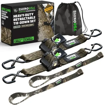 Rhino USA 2" x 10' Retractable Ratchet Straps 2- or 4-Pack - (3,033lb Break Strength) - Heavy Duty Self Retracting Tie Down Straps for Truck, Cargo Trailer