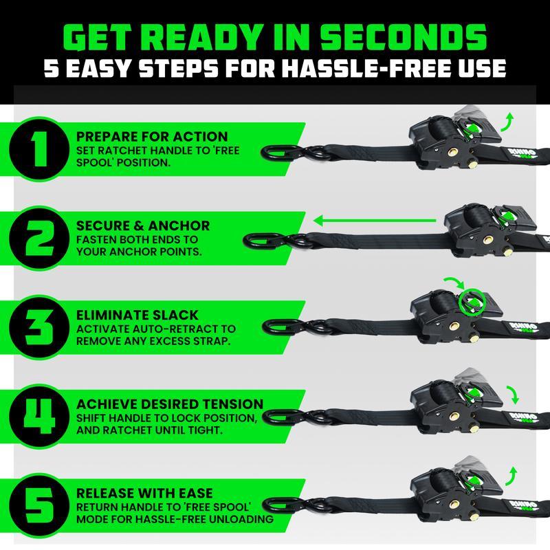 Rhino USA 2" x 10' Retractable Ratchet Straps 2- or 4-Pack - (3,033lb Break Strength) - Heavy Duty Self Retracting Tie Down Straps for Truck, Cargo Trailer