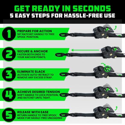 Rhino USA 2" x 10' Retractable Ratchet Straps 2- or 4-Pack - (3,033lb Break Strength) - Heavy Duty Self Retracting Tie Down Straps for Truck, Cargo Trailer