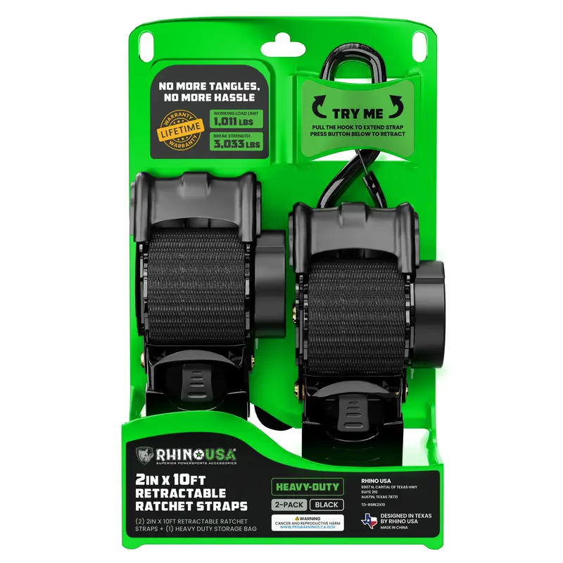 Rhino USA 2" x 10' Retractable Ratchet Straps 2- or 4-Pack - (3,033lb Break Strength) - Heavy Duty Self Retracting Tie Down Straps for Truck, Cargo Trailer