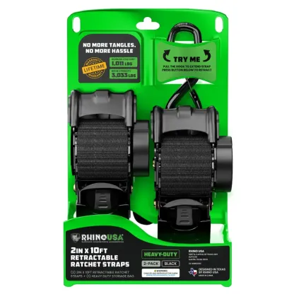 Rhino USA 2" x 10' Retractable Ratchet Straps 2- or 4-Pack - (3,033lb Break Strength) - Heavy Duty Self Retracting Tie Down Straps for Truck, Cargo Trailer
