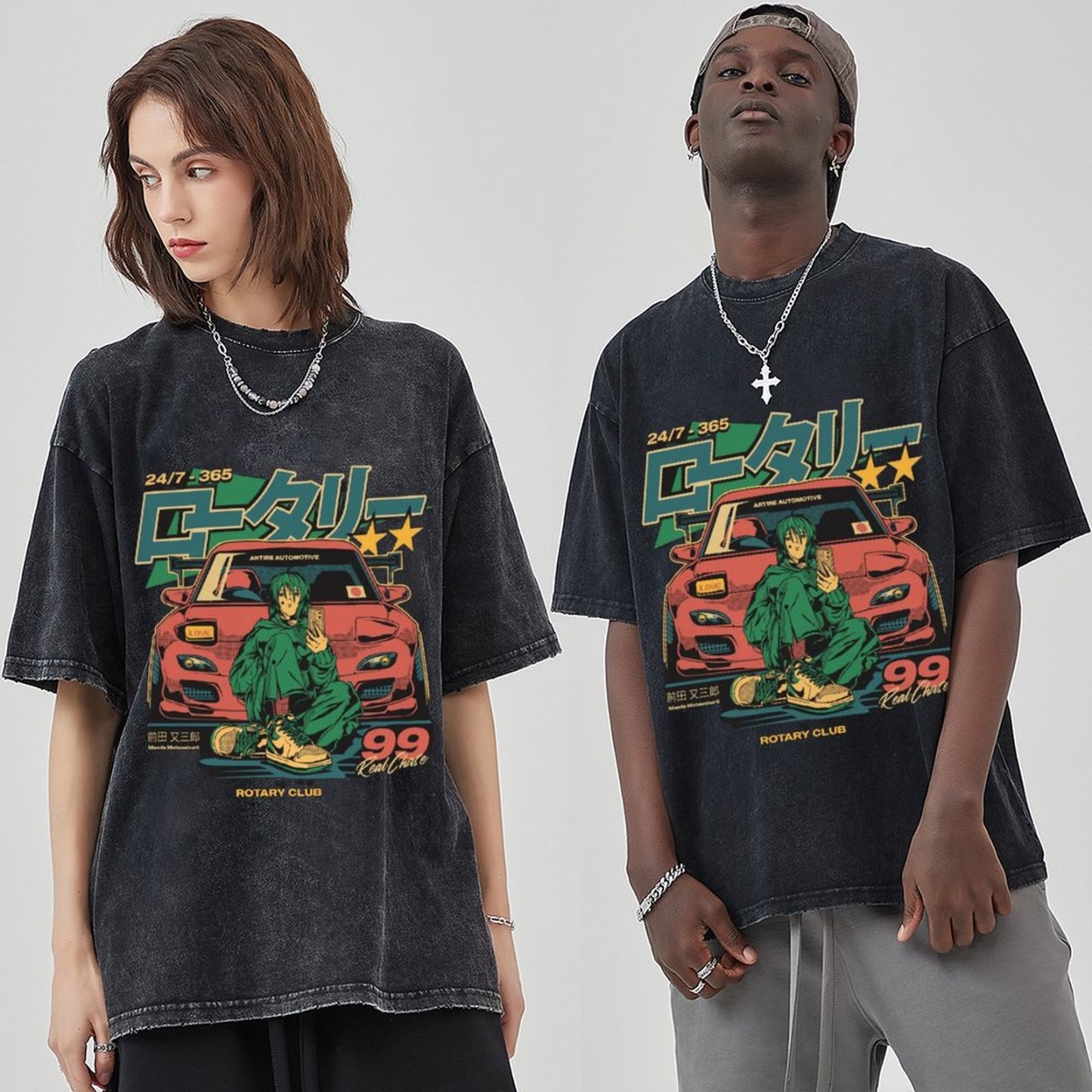 Casual T-shirt Anime Printed Denim Washed T-shirt