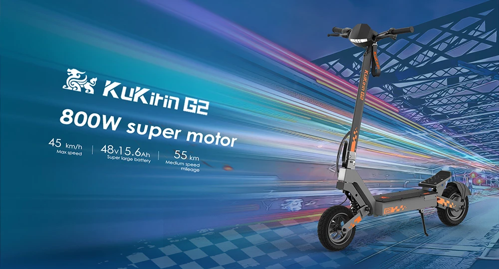 Kukirin G2 Foldable Electric Scooter 2025 Upgrade 800W Motor 48V 15.6Ah Battery 10-inch Tire 45km/h Max Speed 55km Range Touchscreen Display Disc Brake 7 Light System - Black