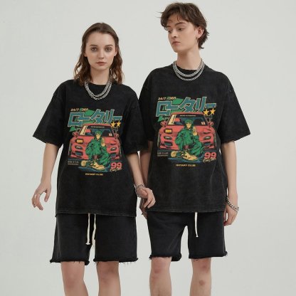 Casual T-shirt Anime Printed Denim Washed T-shirt