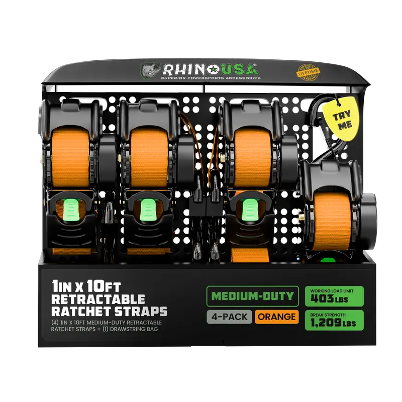 Rhino USA 1" x 10' Retractable Ratchet Straps (select 2 pack or 4 pack) - Medium Duty Self Retracting Tie Down Straps for Truck, Cargo Trailer