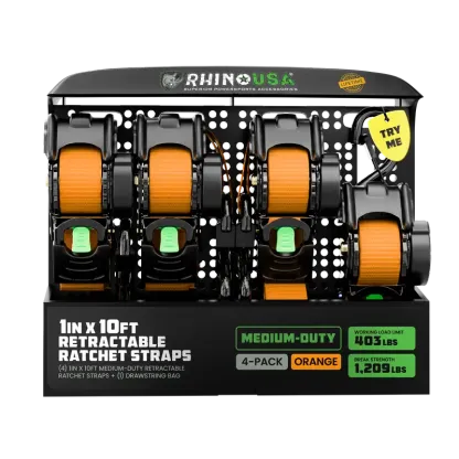 Rhino USA 1" x 10' Retractable Ratchet Straps (select 2 pack or 4 pack) - Medium Duty Self Retracting Tie Down Straps for Truck, Cargo Trailer