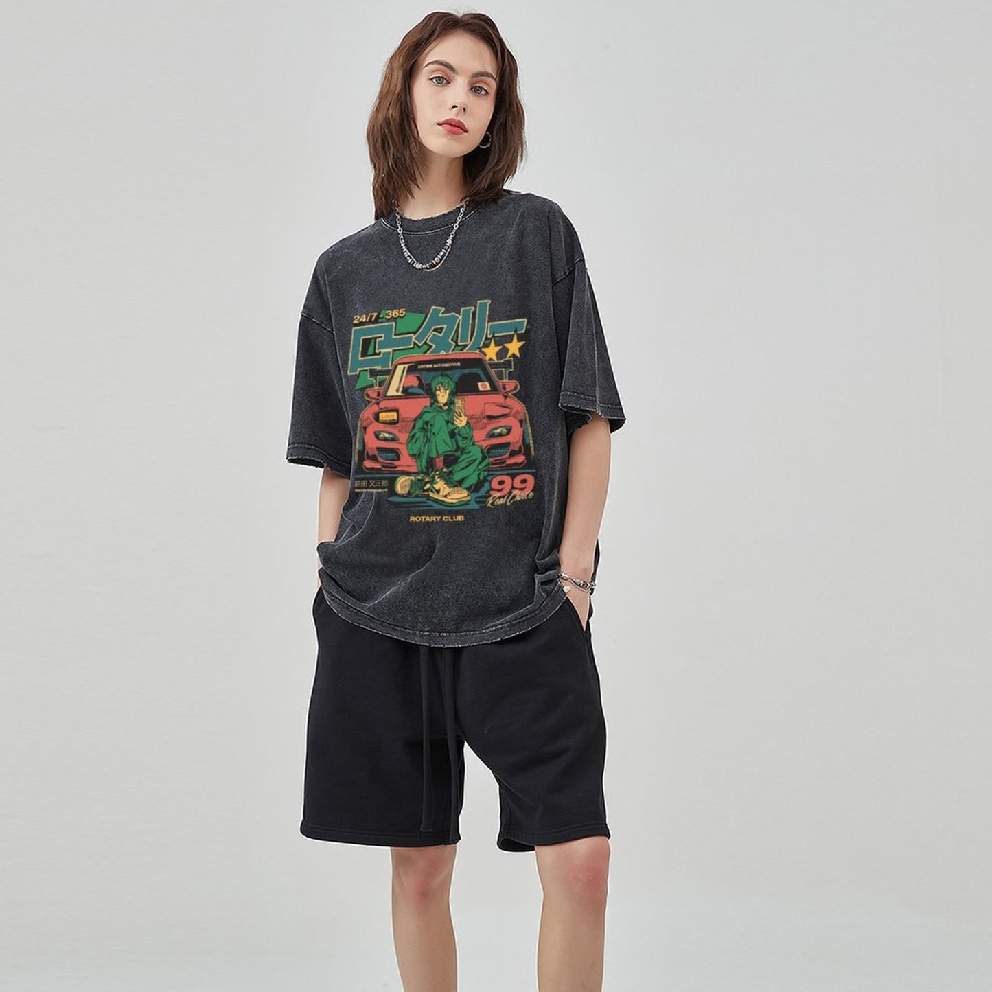 Casual T-shirt Anime Printed Denim Washed T-shirt