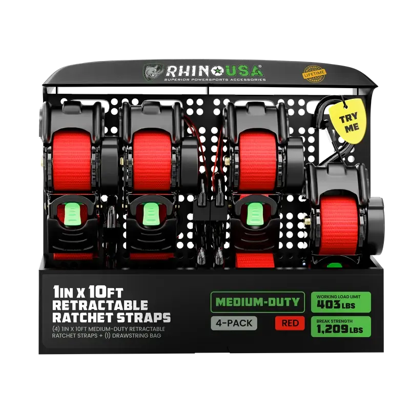 Rhino USA 1" x 10' Retractable Ratchet Straps (select 2 pack or 4 pack) - Medium Duty Self Retracting Tie Down Straps for Truck, Cargo Trailer