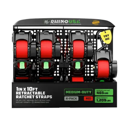 Rhino USA 1" x 10' Retractable Ratchet Straps (select 2 pack or 4 pack) - Medium Duty Self Retracting Tie Down Straps for Truck, Cargo Trailer