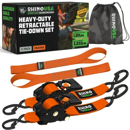 Rhino USA 2" x 10' Retractable Ratchet Straps 2- or 4-Pack - (3,033lb Break Strength) - Heavy Duty Self Retracting Tie Down Straps for Truck, Cargo Trailer
