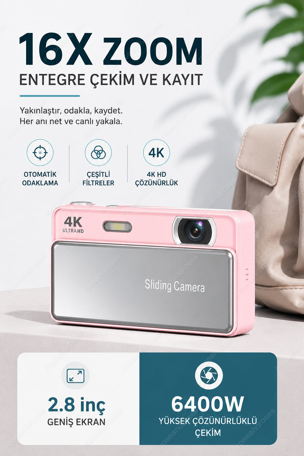 4K UHD Sliding Camera – Portable Video & Photo Camera with Slide Lens Cover (Pink)
