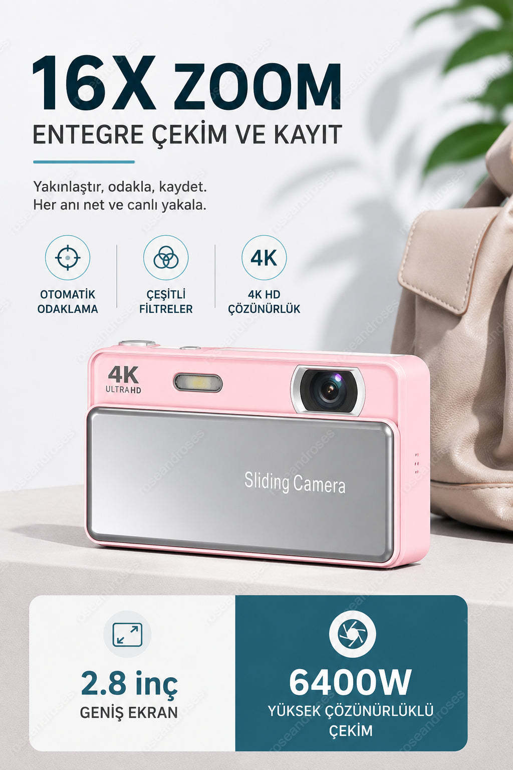 4K UHD Sliding Camera – Portable Video & Photo Camera with Slide Lens Cover (Pink)