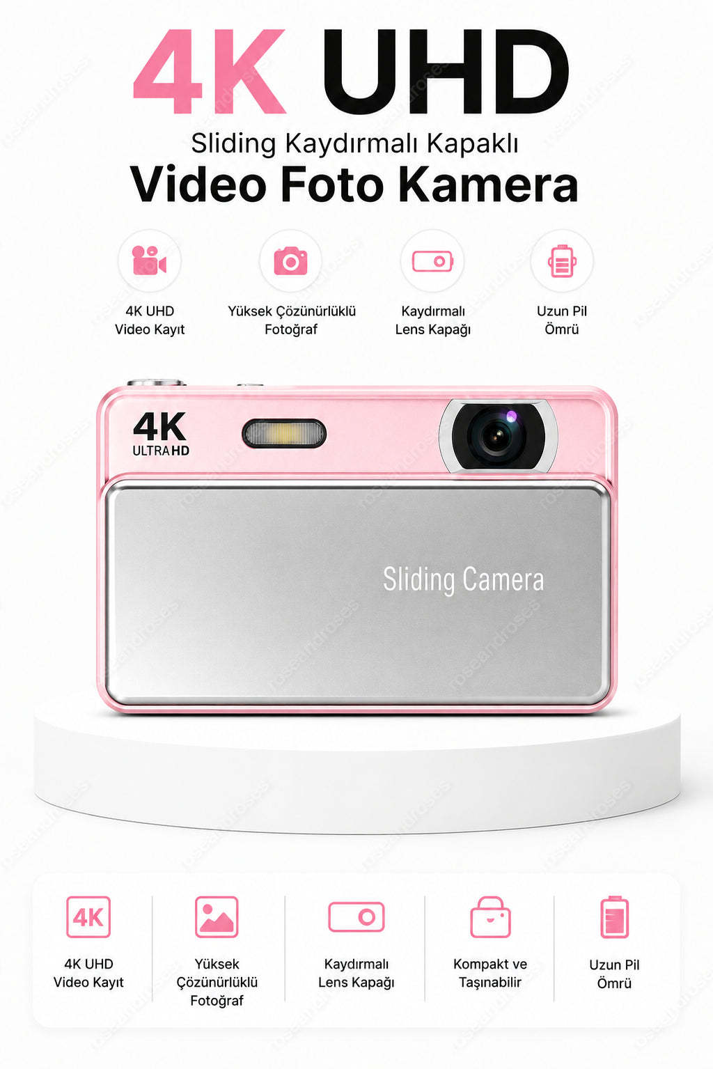 4K UHD Sliding Camera – Portable Video & Photo Camera with Slide Lens Cover (Pink)