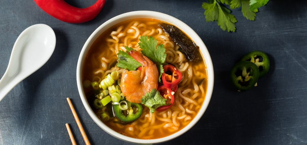 Umami rich ramen noodles with shrimp and green onions