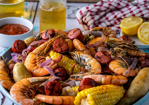 Low Country Boil with shrimp, corn, sausage and potatoes