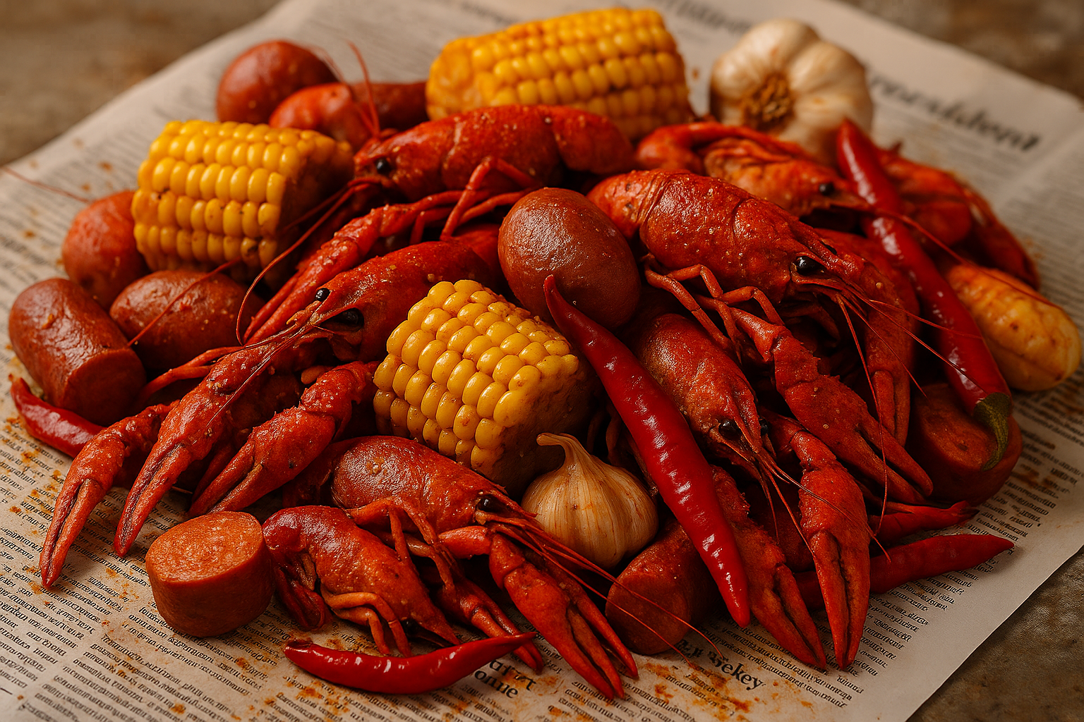 Spicy Louisiana crawfish boil on newspaper with corn and Creole Trinity  Seafood Boil Base