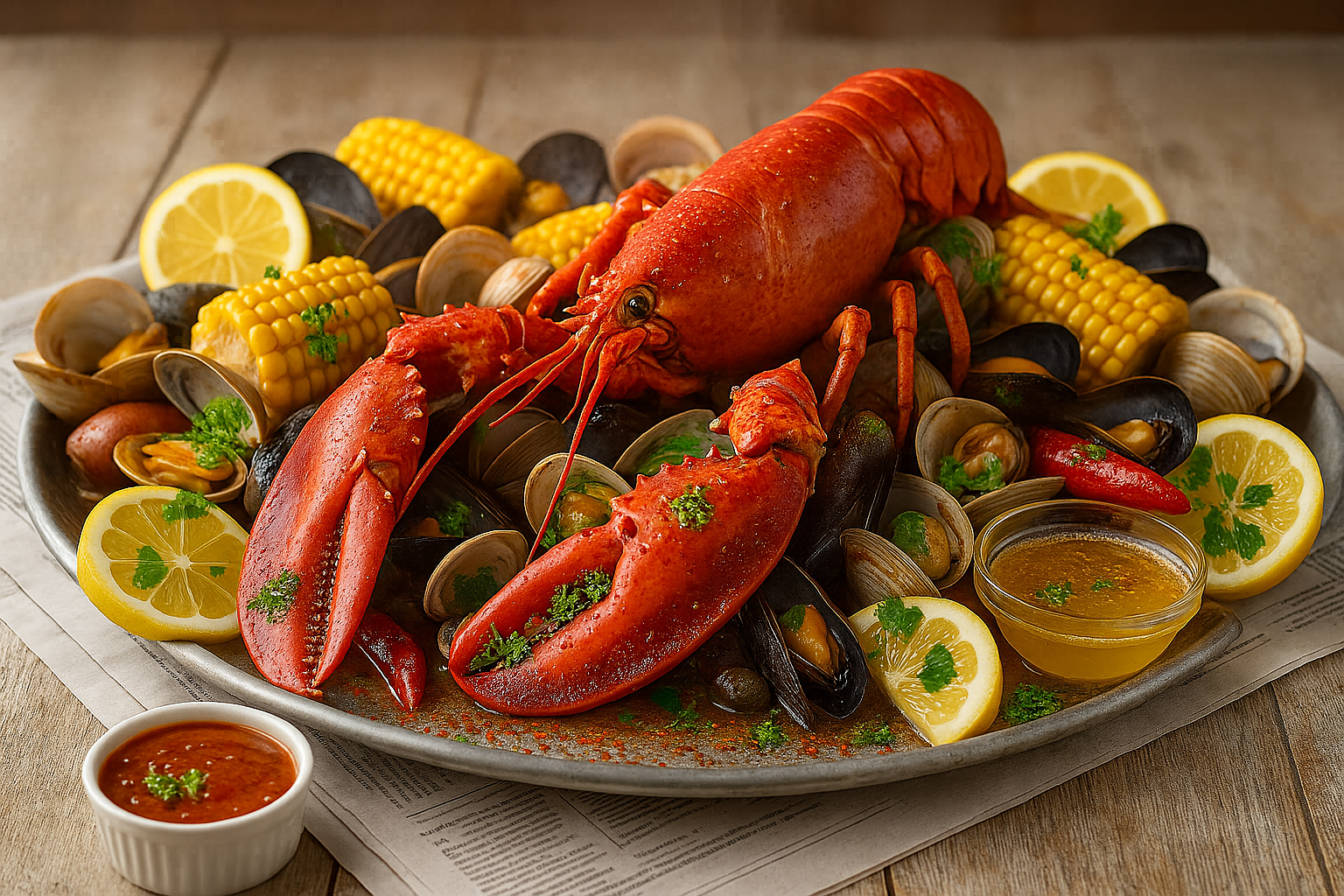New England clambake with lobster, clams, and Chilau-based dipping sauce