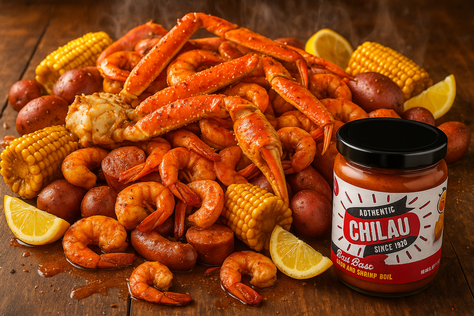 Low Country seafood boil with shrimp, corn, potatoes, and sausage made with Chilau Boil Base