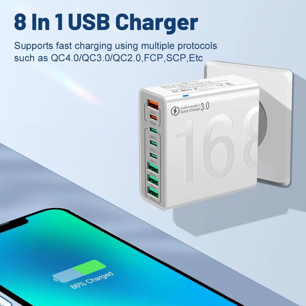 8-Port Smart USB-C & USB-A Fast Charging Hub for Phones & Tablets