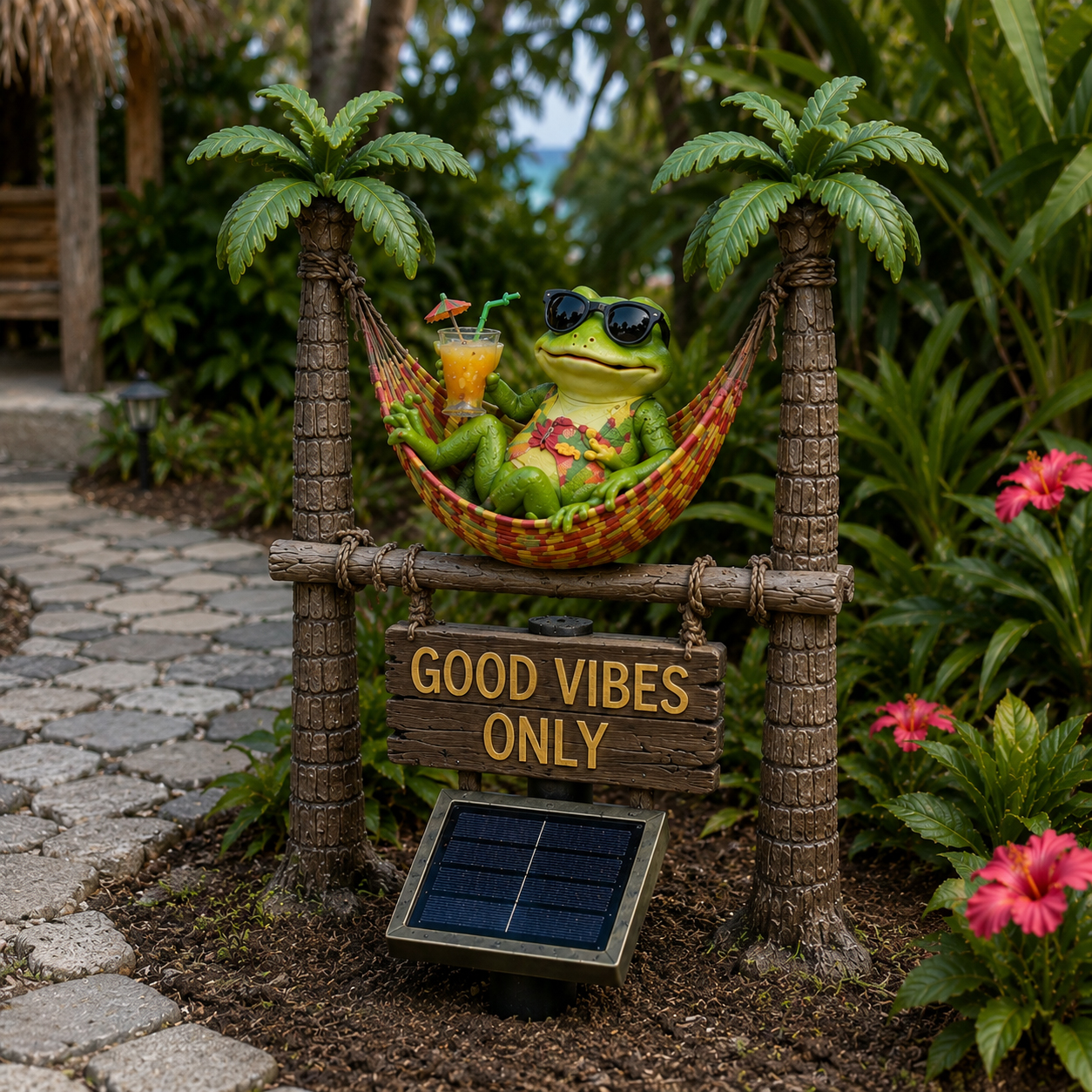 🐸🍹Tropical Chill Frog Solar Garden Statue