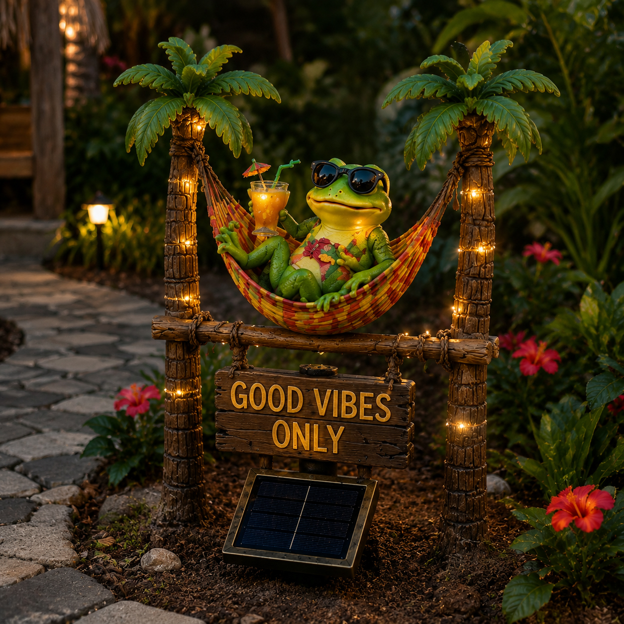 🐸🍹Tropical Chill Frog Solar Garden Statue