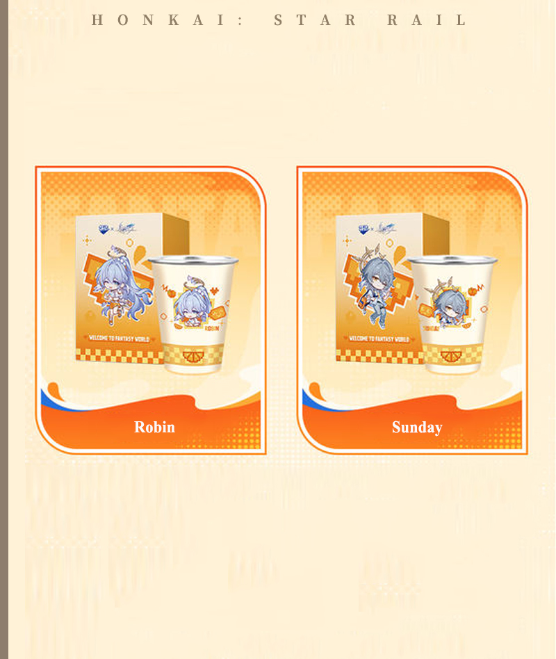Official HSR x Fanta Collab Merch: Robin & Sunday Badge & Acrylic Stand