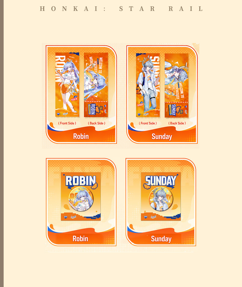 Official HSR x Fanta Collab Merch: Robin & Sunday Badge & Acrylic Stand