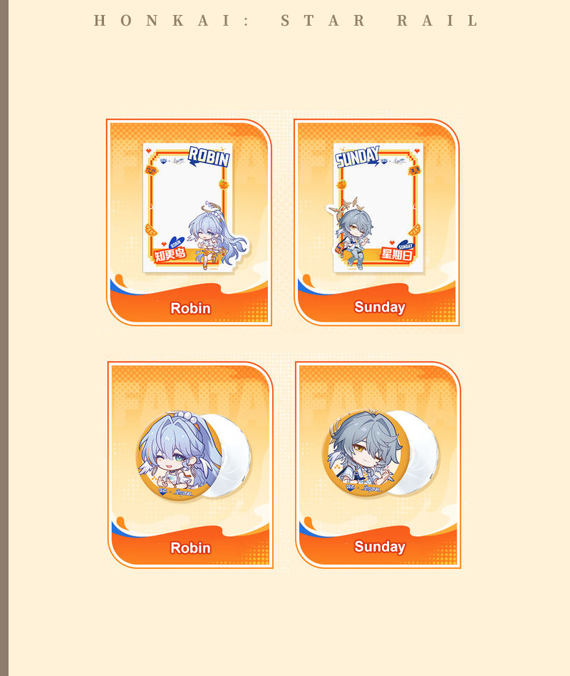 Official HSR x Fanta Collab Merch: Robin & Sunday Badge & Acrylic Stand