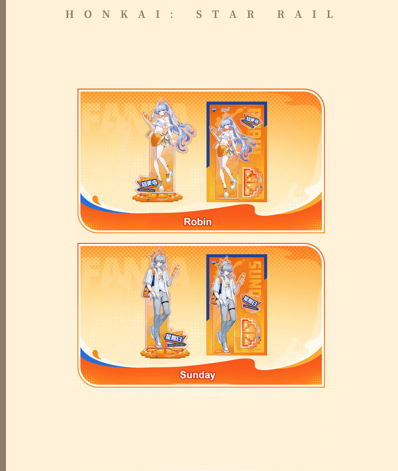 Official HSR x Fanta Collab Merch: Robin & Sunday Badge & Acrylic Stand