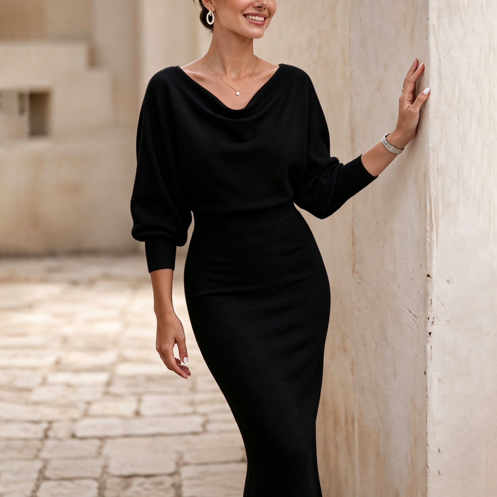 Elegant Temperament Fashionable Bat Sleeve Pure Color Waist-cinching Dress